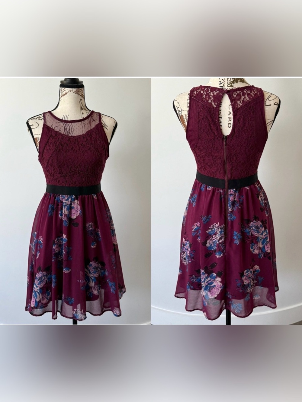 Xhilaration Burgundy Floral Lace Mini Dress